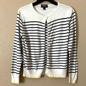 Lands End Women’s Button Up Cardigan, Navy Stripes, Yellow Accent, Small (6-8)